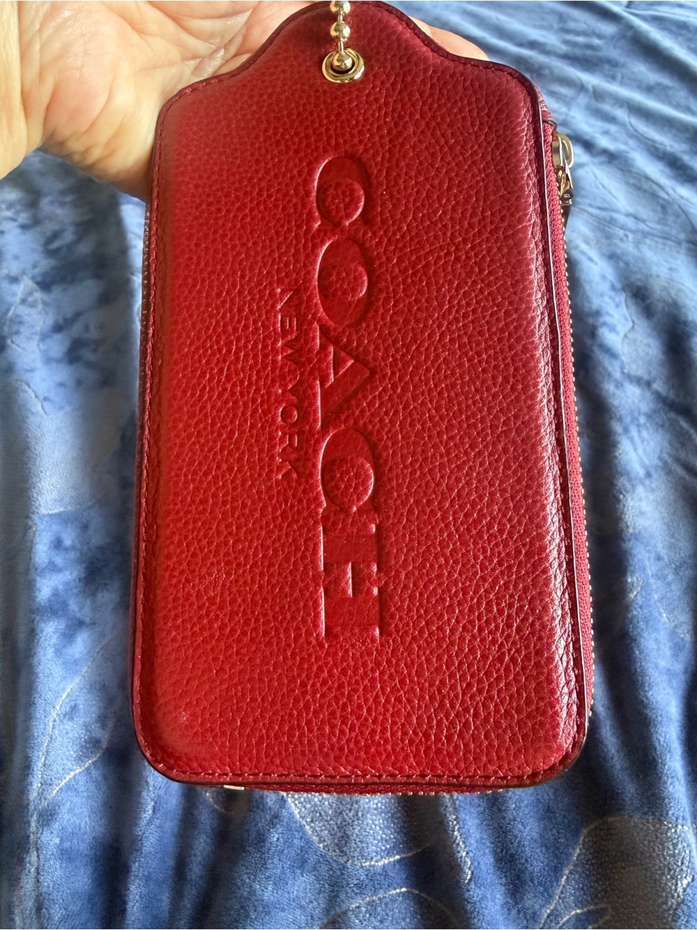 Coach Red Pebbled Leather Chain Wristlet Pouch with Gold Accents - Picture 15 of 16